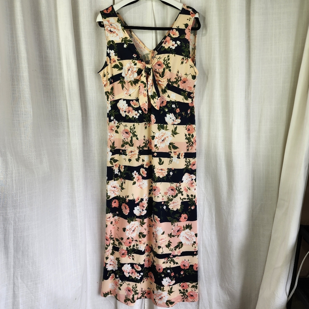 Nina Leonard Floral Striped Dress - Black and Pink